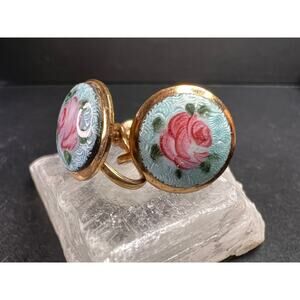 Vintage MCM Gold Tone Guilloche Enamel Pink Rose Screw Back Earrings